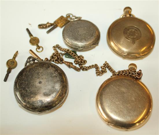 2 x silver pocket watches, 2 x G.plated watches and keys